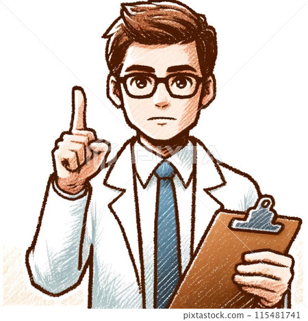 A man in a white coat wearing glasses 115481741