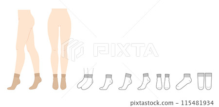 Ankle Socks set on women legs and CAD flat template mockup. Hosiery Fashion accessory clothing technical illustration 115481934