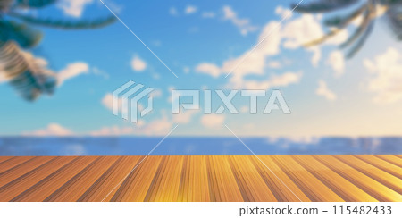 Old wood table with blurred sea and coconut tree background. Empty ready for your product display montage. Concept of beach in summer 115482433