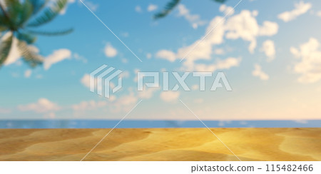 Beautiful wide panorama of a paradise beach with golden sand and palm leaves in blur. Summer banner. 115482466