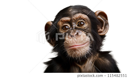 A charming portrait of a young chimpanzee with a curious expression. Background watermark. 115482551