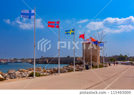 Windmills of Rhodes with Flags, Greece 115483000
