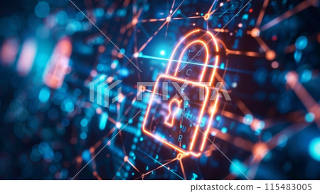 Neon Digital Padlock on Network Grid 115483005