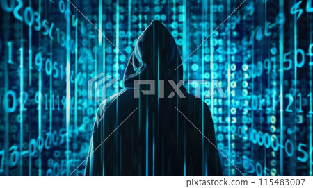 Hacker in Hooded Jacket with Digital Code Background 115483007