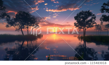 Sunset Over Calm Lake with Trees Sunset Over Calm Lake with Trees 115483018