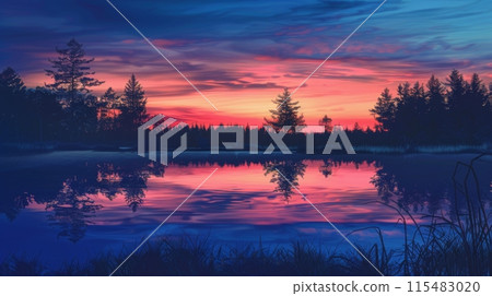 Vibrant Sunset Over Forest Lake Vibrant Sunset Over Forest Lake 115483020