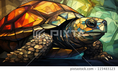 Vibrant abstract turtle shell illustration with bold lines, flat texture, high detail, and dynamic shapes. 115483123