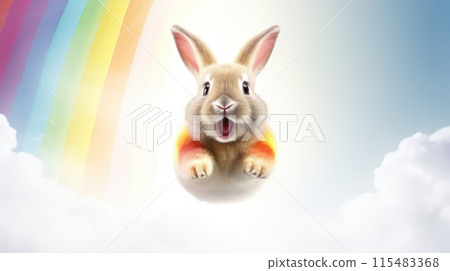 Adorable bunny happily hopping on white clouds under a vibrant rainbow Adorable bunny happily hopping on white clouds under a vibrant rainbow 115483368