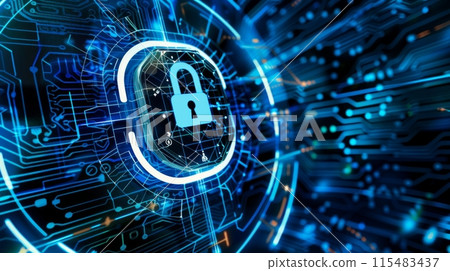 Digital Padlock on High-Tech Circuit Board 115483437