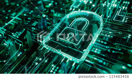 Green Digital Padlock on Circuit Board 115483438