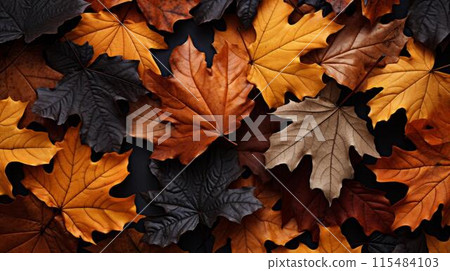 Detailed highresolution texture of vibrant autumn leaves on a tree, ideal for fall foliage concept designs. 115484103