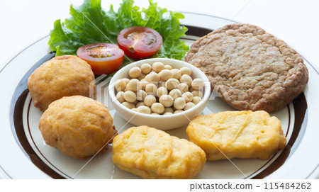 Soy meat hamburgers and nuggets - soy processed foods 115484262