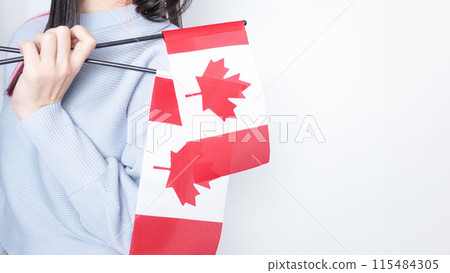 Unrecognized girl student in white blue shirt holding small Canadian flag over gray background, Canada day, holiday, vote, immigration, tax, copy space Unrecognized girl student in white blue shirt holding small Canadian flag over gray background, Canada day, holiday, vote, immigration, tax, copy space 115484305