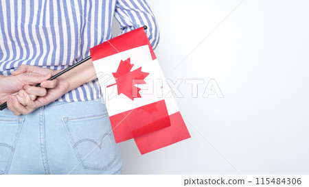 Unrecognized girl student in white blue shirt holding small Canadian flag over gray background, Canada day, holiday, vote, immigration, tax, copy space 115484306