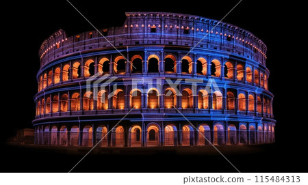 Glowing blue and purple Coliseum at night isolated on black background 115484313