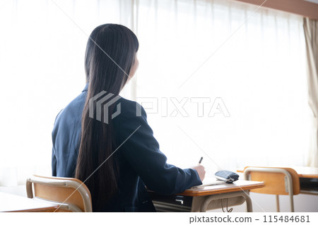 國中和高中女生在窗邊學習的圖像，易於使用，沒有臉孔。 115484681