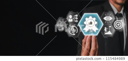 Best practice concept, Businessman hand holding light bulb with potential, development, experience, vision, competence and knowledge icon on virtual screen, Analyzing current operations. Best practice concept, Businessman hand holding light bulb with potential, development, experience, vision, competence and knowledge icon on virtual screen, Analyzing current operations. 115484989