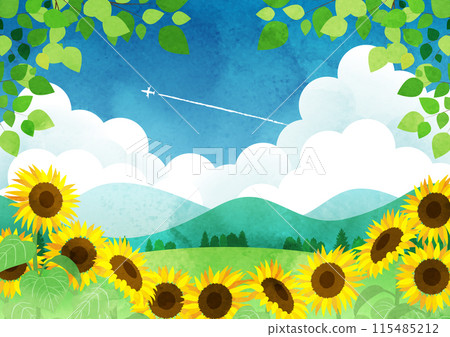 Summer, background, illustration, cute, sunflower, Satoyama, horizontal 115485212