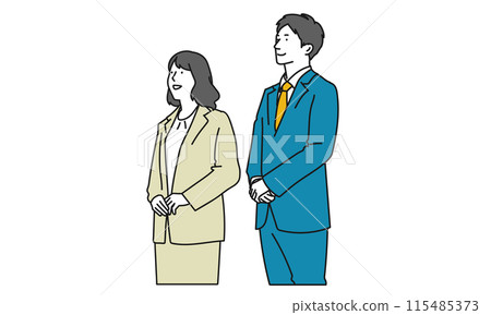 Illustration of a man and woman in suits looking up Illustration of a man and woman in suits looking up 115485373