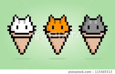 8 bit pixel of cat on cone ice cream. Animal for game assets and cross stitch patterns in vector illustrations. 115485513