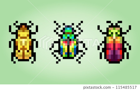 8 bit pixel beetles. Animal insects for game assets and cross stitch patterns in vector illustrations. 115485517