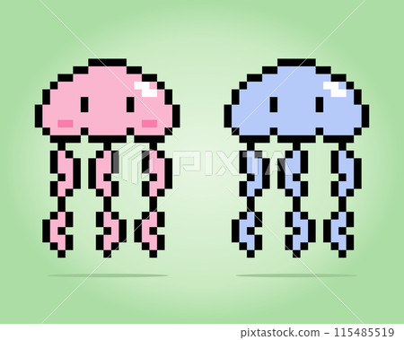 8 bit pixel Jellyfish. Animal for game assets and cross stitch patterns in vector illustrations. 8 bit pixel Jellyfish. Animal for game assets and cross stitch patterns in vector illustrations. 115485519