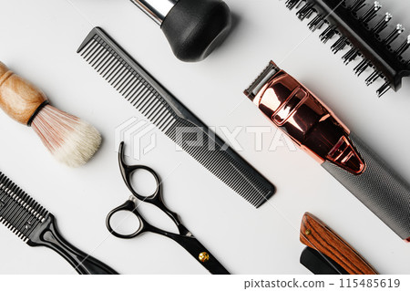 Pattern of various shaving and bauty care accessories for men on gray background 115485619