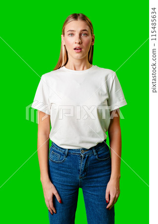 Young Woman in White T-shirt Making a Surprised Face Young Woman in White T-shirt Making a Surprised Face 115485634