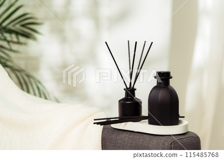 Aroma diffuser bottle with sticks in living room Aroma diffuser bottle with sticks in living room 115485768