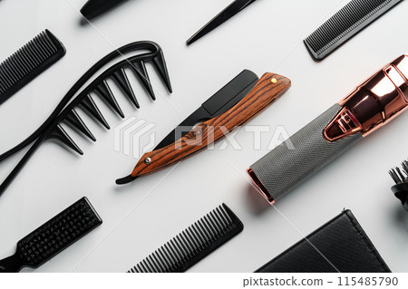 Pattern of various shaving and bauty care accessories for men on gray background 115485790