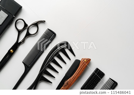 Set of barber tools for haircut on gray background flat lay 115486041