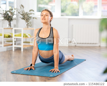 Lover of active lifestyle on yoga mat perform doing bhujangasana in gym Lover of active lifestyle on yoga mat perform doing bhujangasana in gym 115486122
