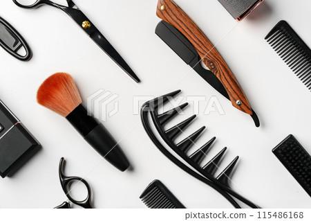 Pattern of various shaving and bauty care accessories for men on gray background Pattern of various shaving and bauty care accessories for men on gray background 115486168