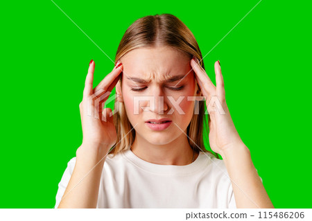 Young Woman Holding Head With Hands Headache Concept 115486206