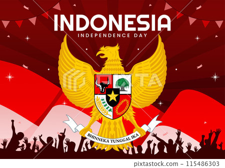 Indonesia Independence Day Vector illustration celebrating 17th August with the Indonesian Flag Raising the Red and White in a Flat Cartoon Background 115486303