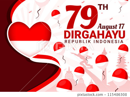 Indonesia Independence Day Vector illustration celebrating 17th August with the Indonesian Flag Raising the Red and White in a Flat Cartoon Background 115486308