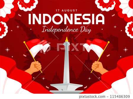 Indonesia Independence Day Vector illustration celebrating 17th August with the Indonesian Flag Raising the Red and White in a Flat Cartoon Background 115486309