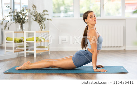 Lover of active lifestyle on yoga mat perform doing bhujangasana in gym Lover of active lifestyle on yoga mat perform doing bhujangasana in gym 115486411