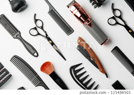 Pattern of various shaving and bauty care accessories for men on gray background Pattern of various shaving and bauty care accessories for men on gray background 115486501