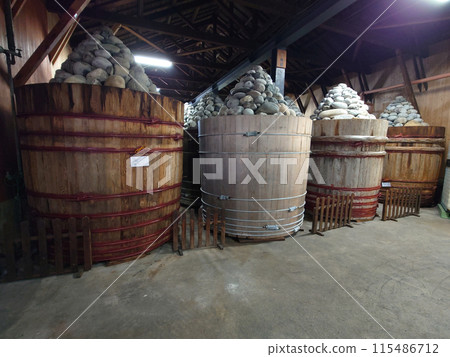 MISO barrels in MISO warehouse / Inside the miso warehouse and miso barrels MISO barrels in MISO warehouse / Inside the miso warehouse and miso barrels 115486712