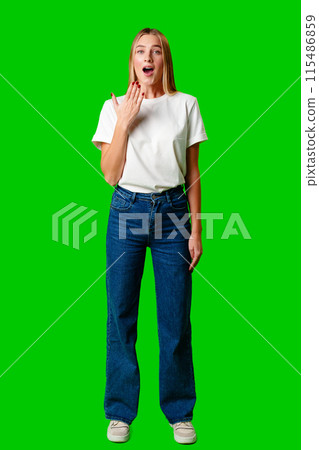 Young Woman in White T-shirt Making a Surprised Face 115486859