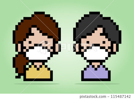 8 bit pixel girl and men wear medical masks. People pair in vector illustrations. 115487142