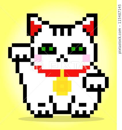 8 bit pixel a white cat. The Lucky cat, Maneki Neko in vector illustration. 8 bit pixel a white cat. The Lucky cat, Maneki Neko in vector illustration. 115487145