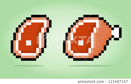 8 bit pixel slice of meat. Food item for game assets and cross stitch patterns in vector illustrations.; 115487147