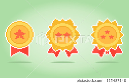 8 bit pixel a rank icon. Golden Medal for game assets and cross stitch patterns in vector illustrations. 8 bit pixel a rank icon. Golden Medal for game assets and cross stitch patterns in vector illustrations. 115487148