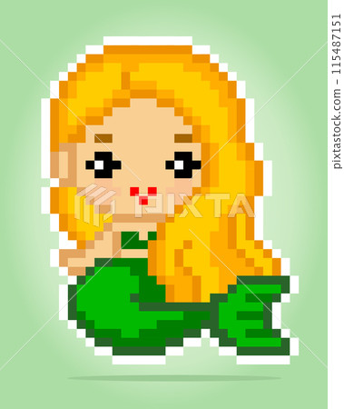 8 bit pixel a mermaid for game assets and cross stitch patterns in vector illustrations. 8 bit pixel a mermaid for game assets and cross stitch patterns in vector illustrations. 115487151