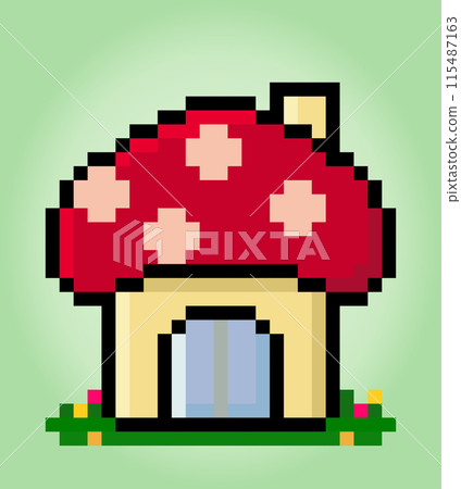 8 bit pixel mushroom house. Building for game assets and cross stitch patterns in vector illustrations. 115487163