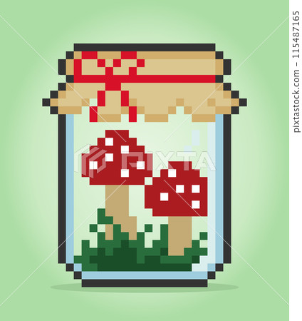8 bit pixel mushroom in bottle. Plant for game assets and cross stitch patterns in vector illustrations. 115487165