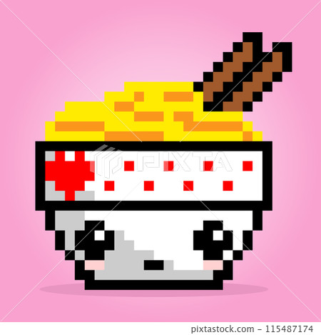 8 bit pixel of noodle on bowl. Doodle for game assets and cross stitch patterns in vector illustrations. 8 bit pixel of noodle on bowl. Doodle for game assets and cross stitch patterns in vector illustrations. 115487174