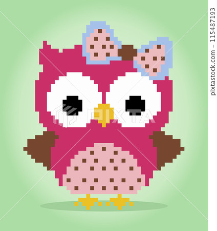 8 bit pixels owl. Animals for game assets and cross stitch patterns in vector illustrations. 8 bit pixels owl. Animals for game assets and cross stitch patterns in vector illustrations. 115487193